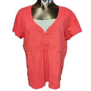 St.John's Bay Women's Petites Red Mock Layered White V-Neck Short Sleeve Top PXL